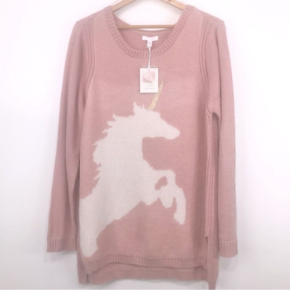 LC Lauren Conrad Pink White Unicorn Sparkle Knit Crew Neck Pullover Sweater - Picture 2 of 15